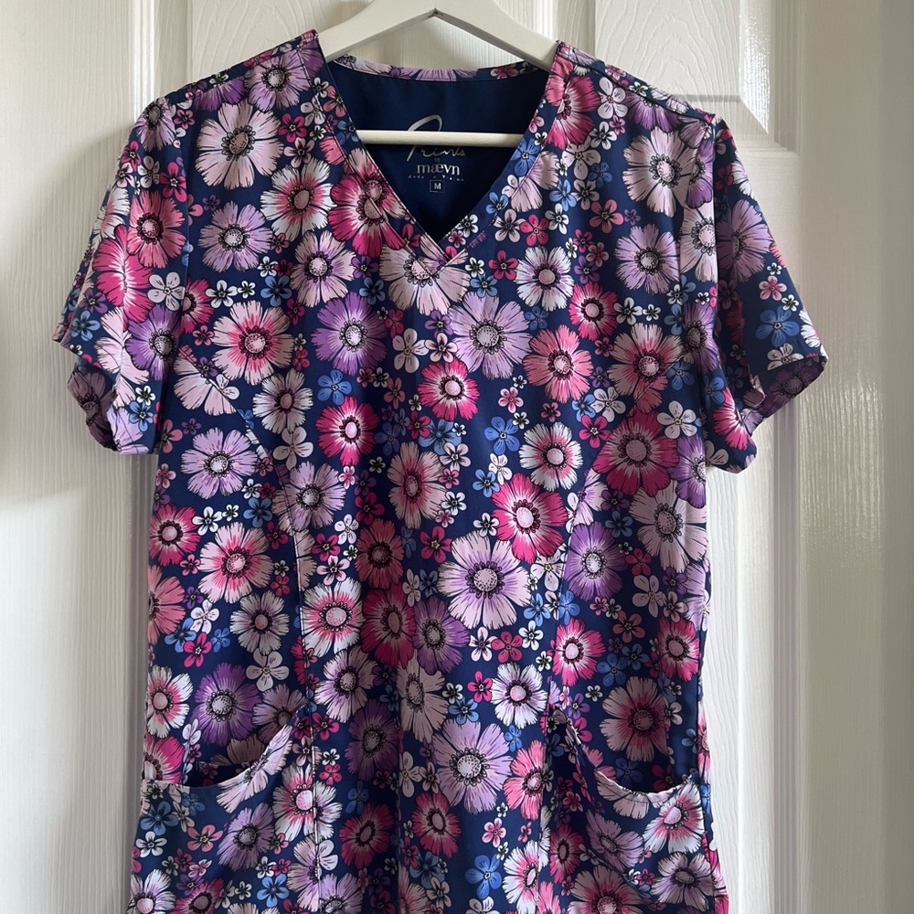 Women's Floral Short Sleeve Scrub Top - Pink, Blue and Purple